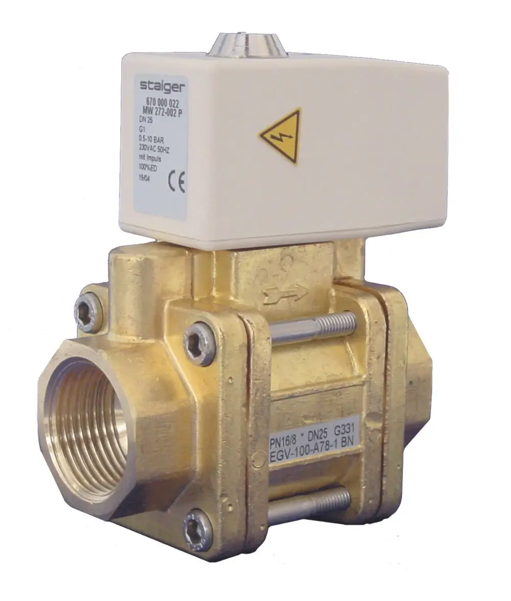 Elektrisches Ventil von BWT mit goldenem Gehäuse und weißen Bedienfeld. Anschlussgewinde für Rohrleitungen zur Steuerung von Wasserdurchfluss.